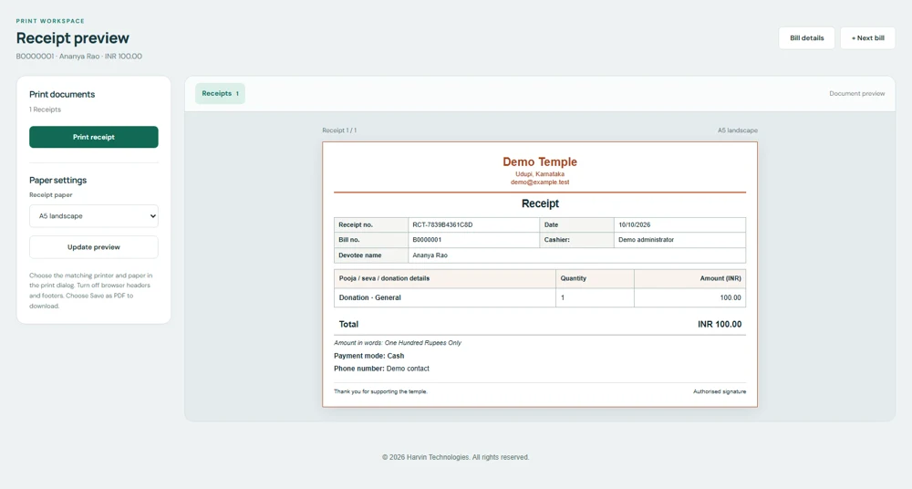 Actual TempleNxtGen application showing a synthetic demo workspace